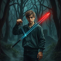 A dark and twisted forest, characterized by tall trees with branches that seem to form threatening figures in the dim light