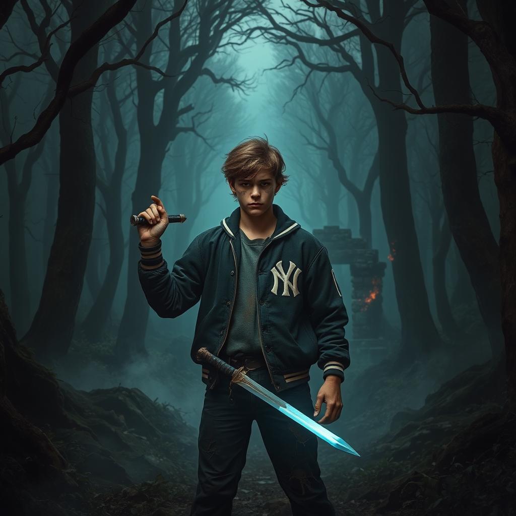 A dark and twisted forest, characterized by tall trees with branches that seem to form threatening figures in the dim light