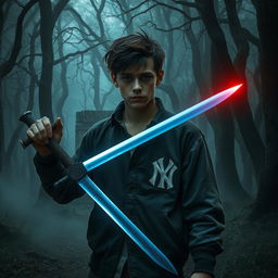 A dark and twisted forest, characterized by tall trees with branches that seem to form threatening figures in the dim light