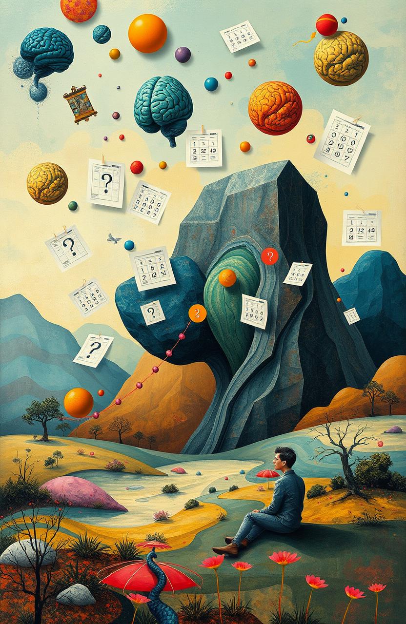 An abstract representation of psychological testing, featuring a surreal landscape with various psychological symbols like brain imagery, inkblot tests, and multiple-choice questions floating in mid-air