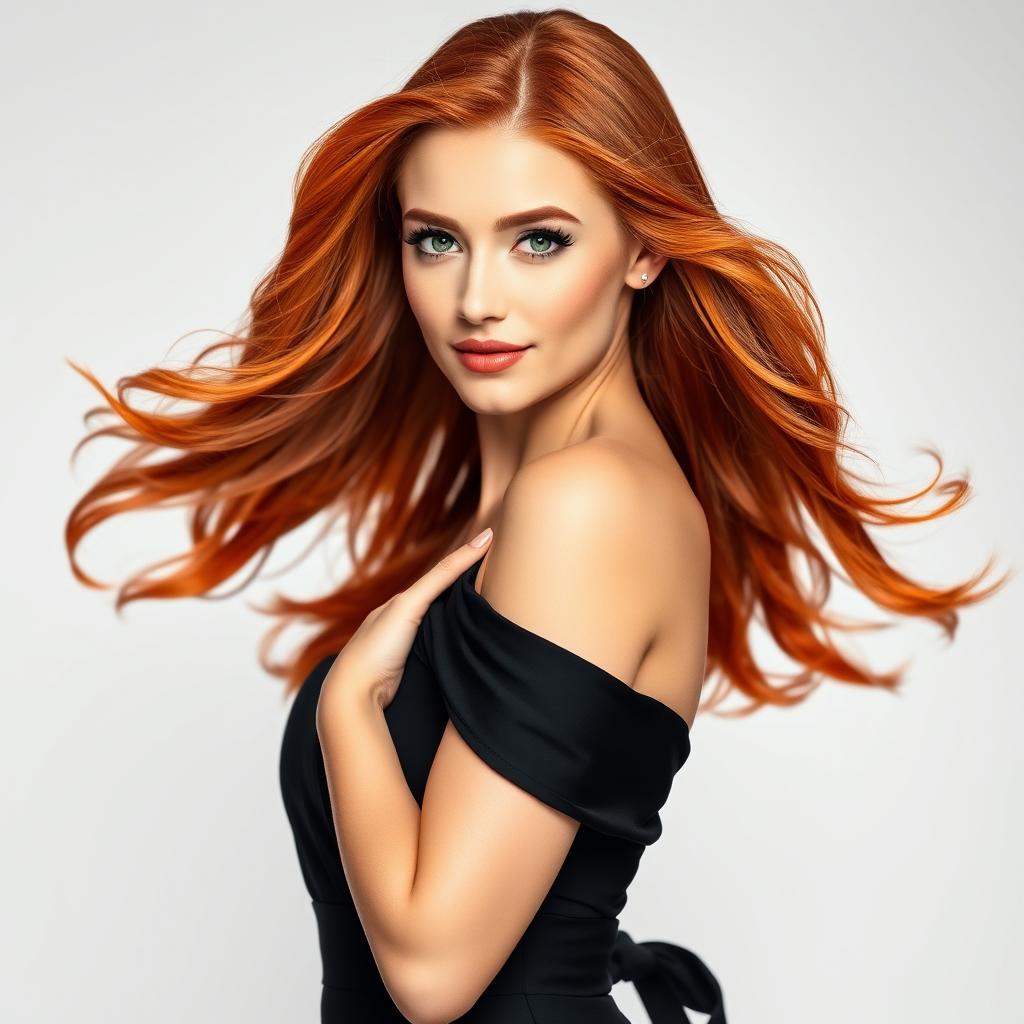 A stunning portrait of a gorgeous woman with flowing red hair, wearing a stylish black dress that elegantly hugs her curves