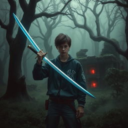 A dark and twisted forest, featuring tall trees whose branches form menacing shapes in the dim light