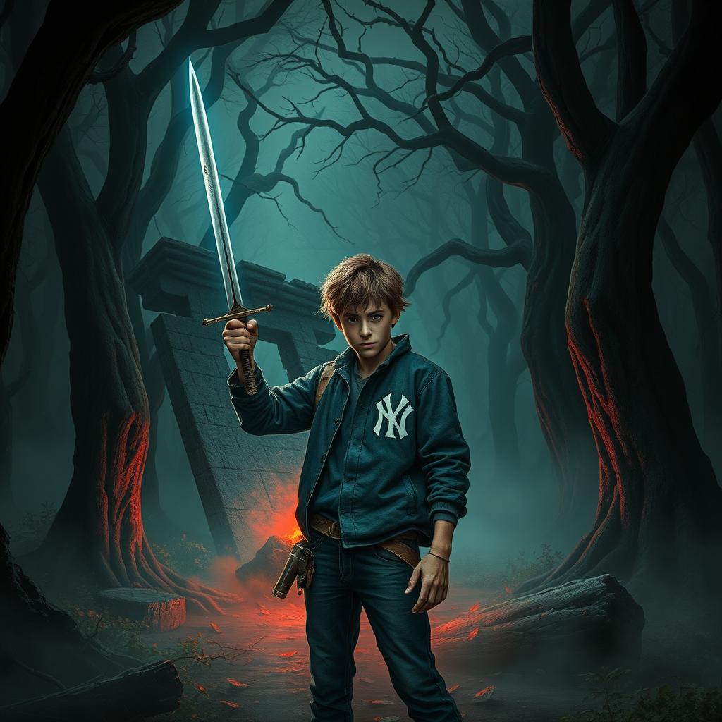 A dark and twisted forest, featuring tall trees whose branches form menacing shapes in the dim light