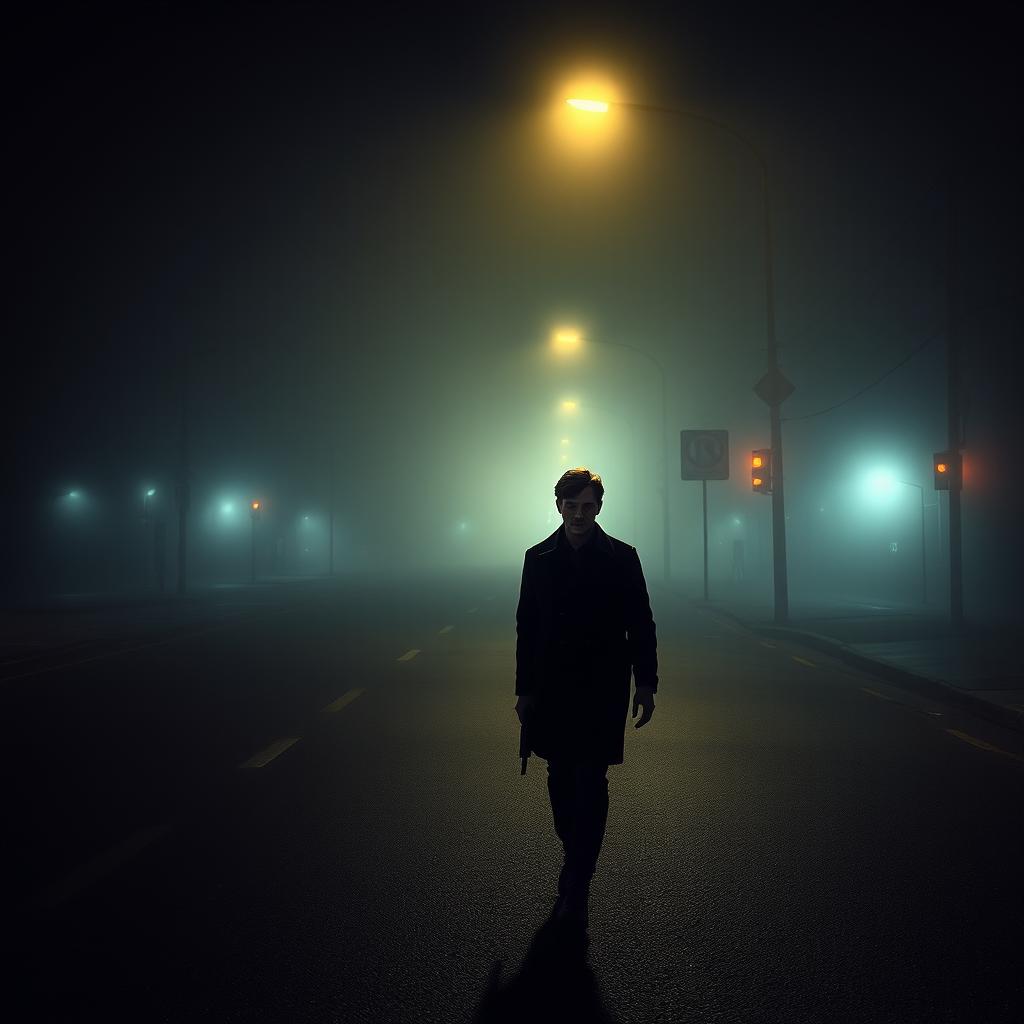 A dark and atmospheric night scene on an empty street in a United States city