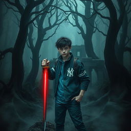 A dark and twisted forest, with tall trees whose branches create threatening shapes in the dim light