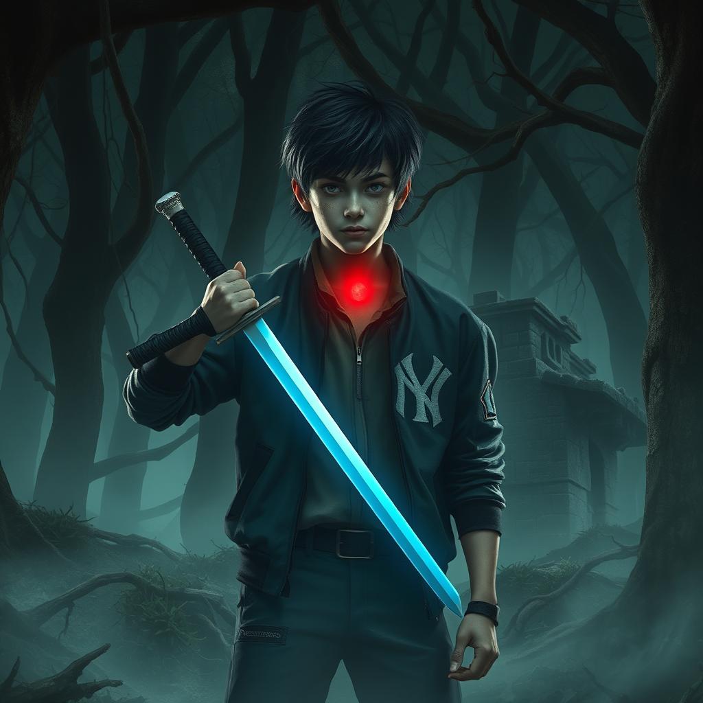 A dark and twisted forest, with tall trees whose branches create threatening shapes in the dim light