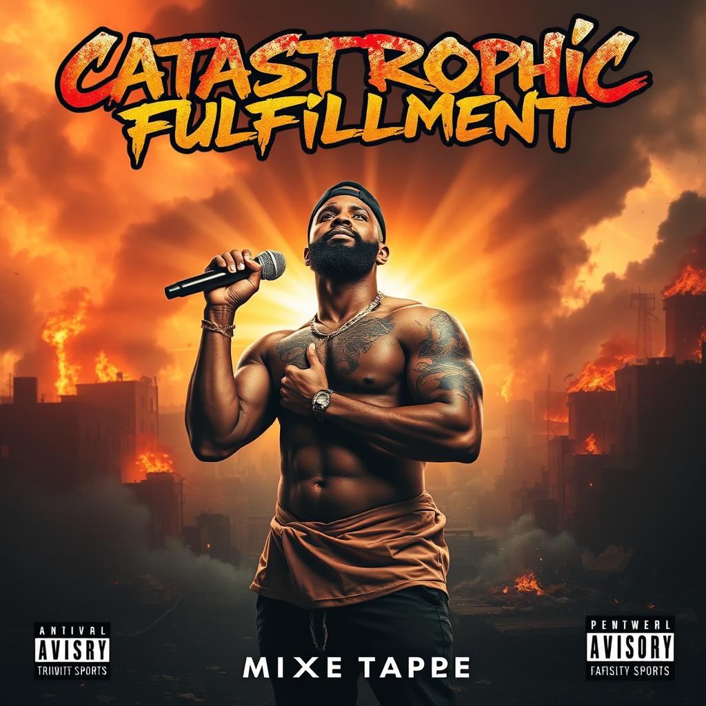 A powerful mixtape cover titled 'Catastrophic Fulfillment' featuring a township warrior standing strong amidst chaos