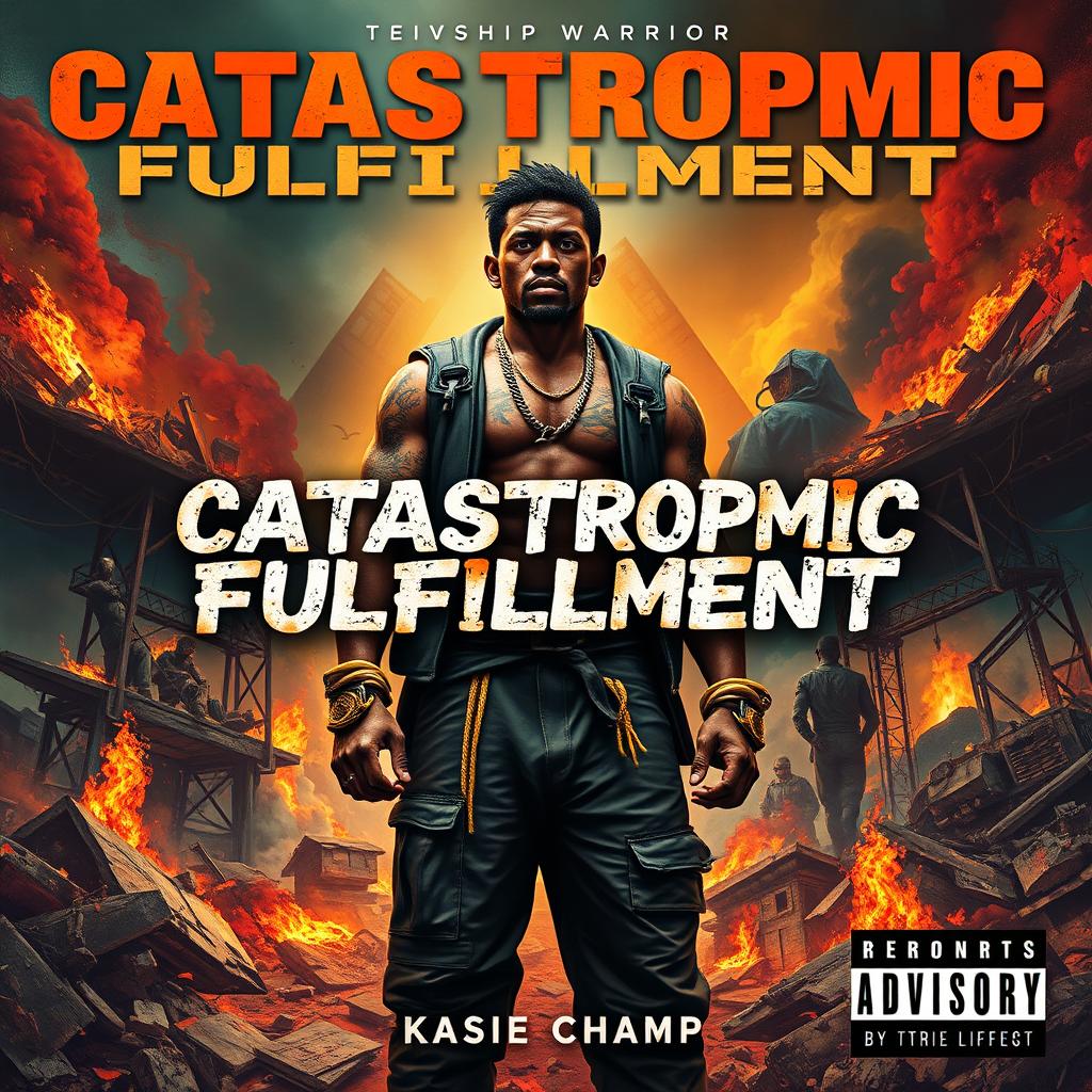 A vivid and striking mixtape cover titled 'Catastrophic Fulfillment' featuring a township warrior, symbolizing strength and resilience, standing tall amidst chaos and destruction