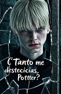 Draco Malfoy, with blonde hair and a distressed expression, standing in front of a shattered mirror, tears streaming down his face