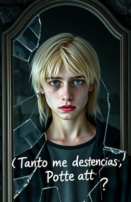 Draco Malfoy, with blonde hair and a distressed expression, standing in front of a shattered mirror, tears streaming down his face