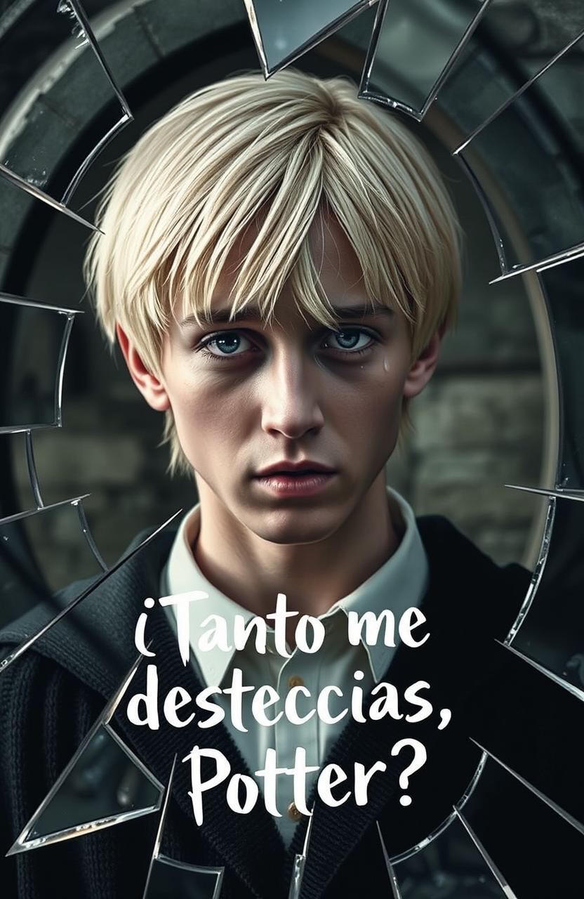 Draco Malfoy, with blonde hair and a distressed expression, standing in front of a shattered mirror, tears streaming down his face