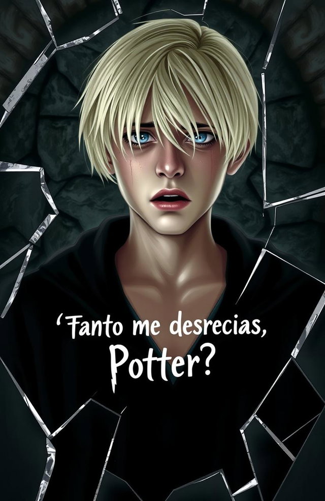 Draco Malfoy, with blonde hair and a distressed expression, standing in front of a shattered mirror, tears streaming down his face