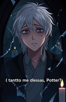 Draco Malfoy crying in front of a broken mirror, with the caption "¿Tanto me desprecias, Potter?" depicted in anime style