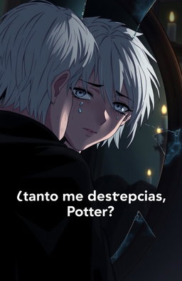 Draco Malfoy crying in front of a broken mirror, with the caption "¿Tanto me desprecias, Potter?" depicted in anime style