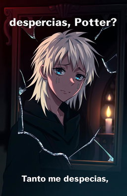 Draco Malfoy crying in front of a broken mirror, with the caption "¿Tanto me desprecias, Potter?" depicted in anime style