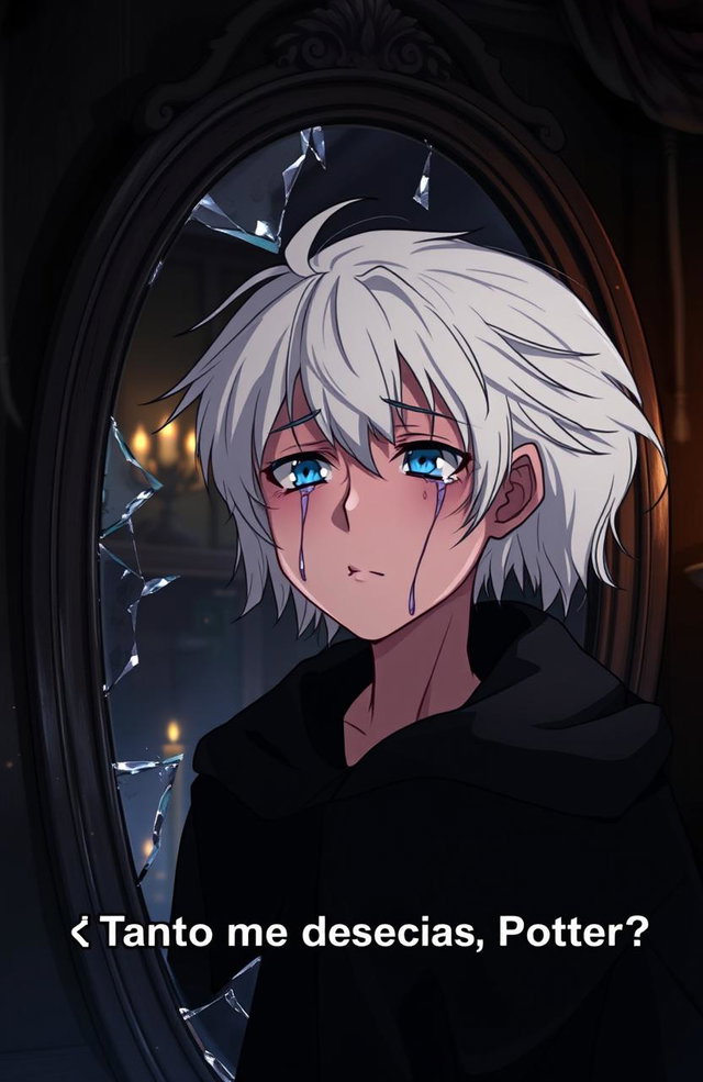 Draco Malfoy crying in front of a broken mirror, with the caption "¿Tanto me desprecias, Potter?" depicted in anime style