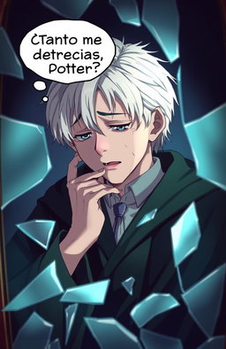 Draco Malfoy crying in front of a broken mirror, with a sorrowful expression, surrounded by shards of glass reflecting his face