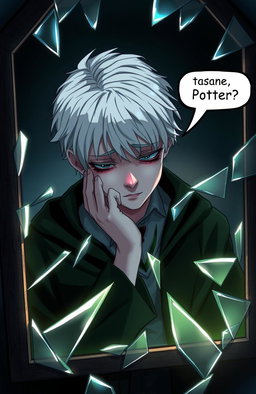 Draco Malfoy crying in front of a broken mirror, with a sorrowful expression, surrounded by shards of glass reflecting his face