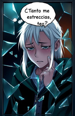 Draco Malfoy crying in front of a broken mirror, with a sorrowful expression, surrounded by shards of glass reflecting his face