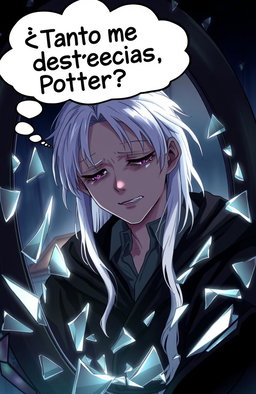 Draco Malfoy crying in front of a broken mirror, with a sorrowful expression, surrounded by shards of glass reflecting his face