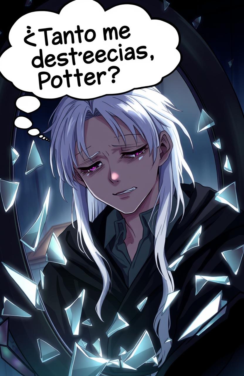 Draco Malfoy crying in front of a broken mirror, with a sorrowful expression, surrounded by shards of glass reflecting his face