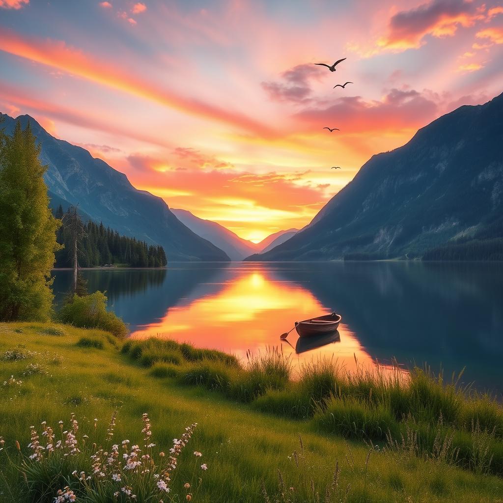 A serene landscape featuring a stunning sunset over a tranquil lake, surrounded by majestic mountains