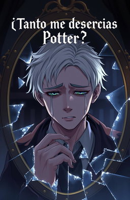 A dramatic scene of Draco Malfoy crying in front of a broken mirror, capturing his emotional turmoil and vulnerability, with tears streaming down his pale face