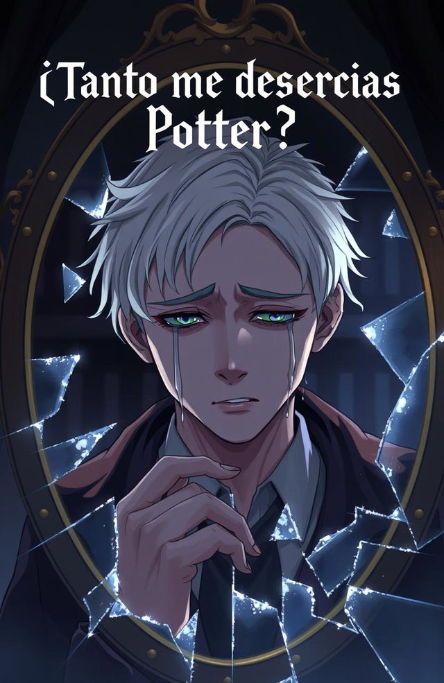 A dramatic scene of Draco Malfoy crying in front of a broken mirror, capturing his emotional turmoil and vulnerability, with tears streaming down his pale face