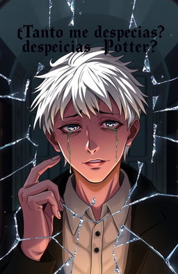 A dramatic scene of Draco Malfoy crying in front of a broken mirror, capturing his emotional turmoil and vulnerability, with tears streaming down his pale face