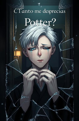 A dramatic scene of Draco Malfoy crying in front of a broken mirror, capturing his emotional turmoil and vulnerability, with tears streaming down his pale face