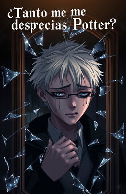 A dramatic scene of Draco Malfoy crying in front of a broken mirror, capturing his emotional turmoil and vulnerability, with tears streaming down his pale face