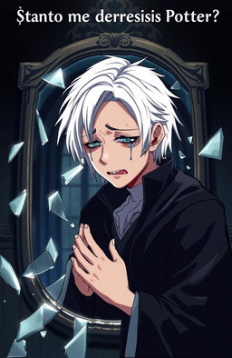 A sad scene depicting Draco Malfoy crying in front of a broken mirror, reflecting his inner turmoil and feelings of despair