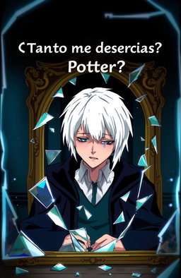 A sad scene depicting Draco Malfoy crying in front of a broken mirror, reflecting his inner turmoil and feelings of despair
