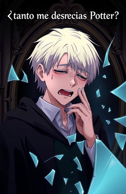 A sad scene depicting Draco Malfoy crying in front of a broken mirror, reflecting his inner turmoil and feelings of despair