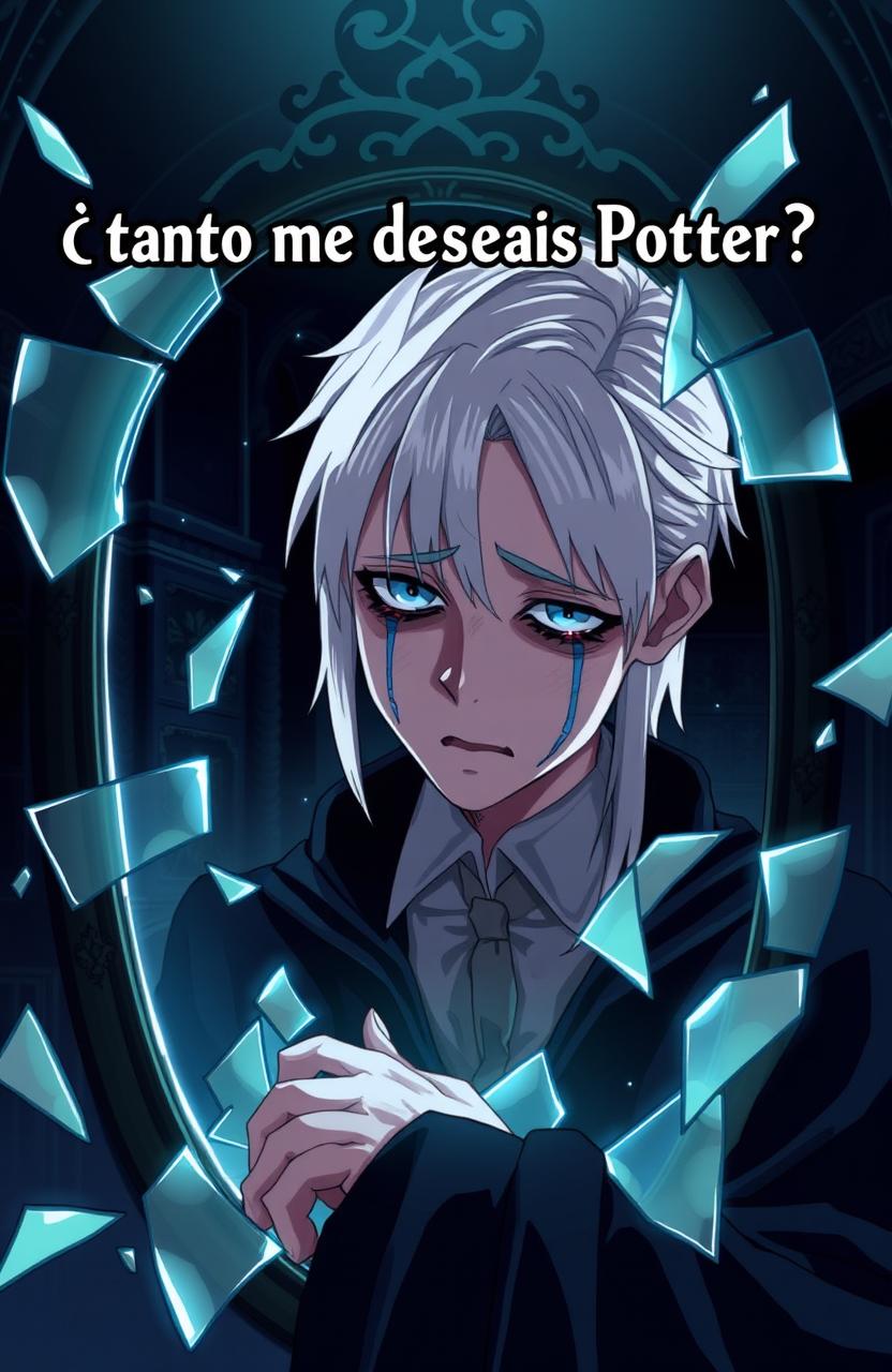 A sad scene depicting Draco Malfoy crying in front of a broken mirror, reflecting his inner turmoil and feelings of despair