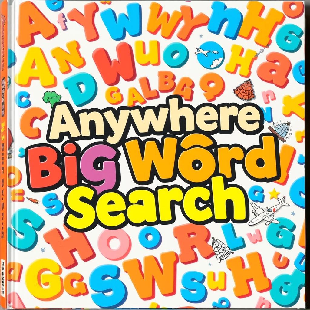 A stunning and eye-catching book cover for a word search book titled 'Anywhere Big Word Search'
