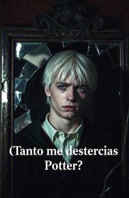 A dramatic scene featuring Draco Malfoy crying in front of a shattered mirror