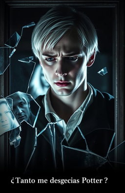 A dramatic scene featuring Draco Malfoy crying in front of a shattered mirror
