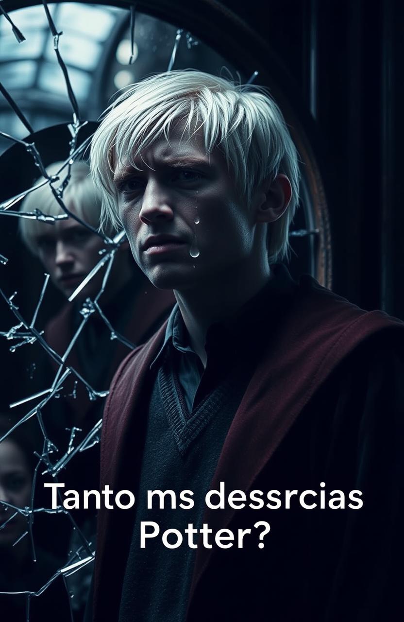 A dramatic scene featuring Draco Malfoy crying in front of a shattered mirror