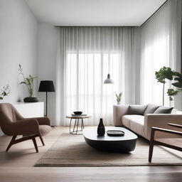 A simple, well-lit room with minimalist design, including comfortable furniture and tasteful decor.