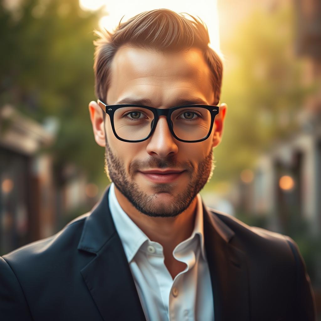 A stylish man with a confident expression wearing modern black frame eyeglasses