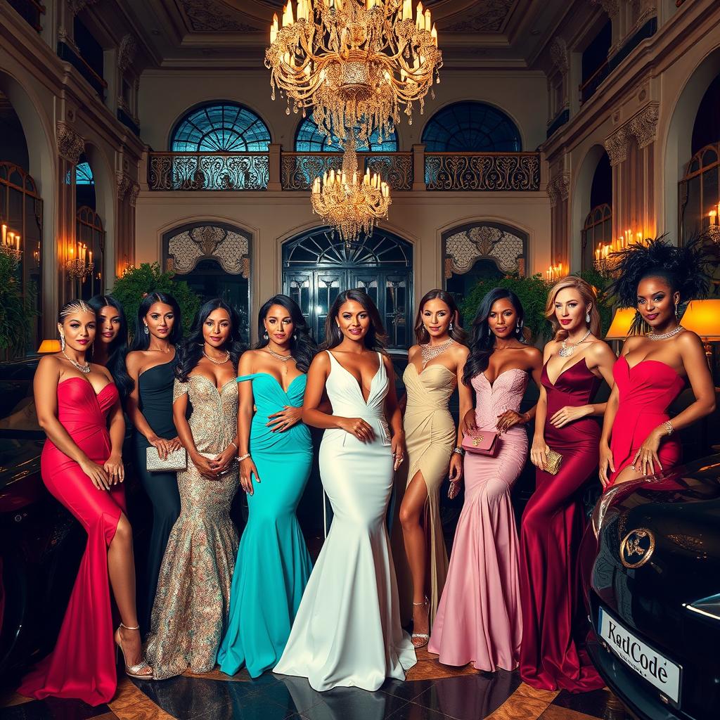 A glamorous scene of luxurious women, showcasing a diverse group of fashionable women dressed in elegant evening gowns and chic accessories, surrounded by opulence such as diamond jewelry, designer handbags, and luxurious cars