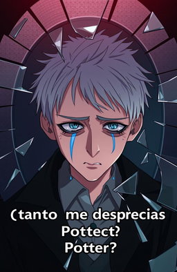 Anime style depiction of Draco Malfoy crying in front of a shattered mirror, with an expression of despair and frustration