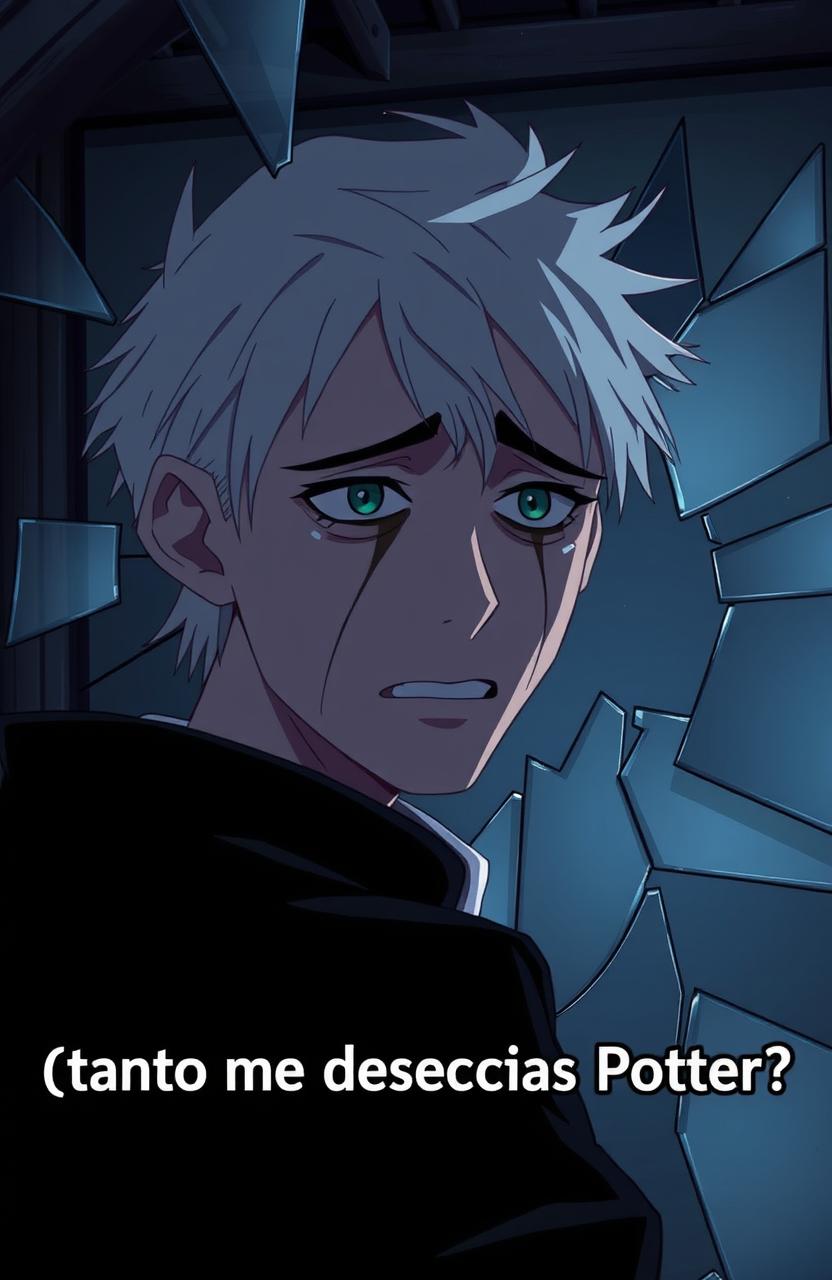 Anime style depiction of Draco Malfoy crying in front of a shattered mirror, with an expression of despair and frustration