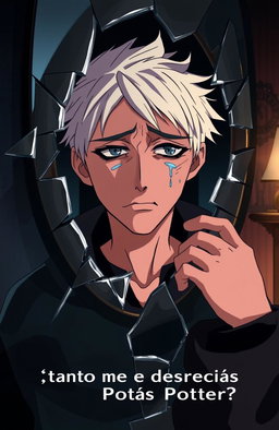 Anime style depiction of Draco Malfoy crying in front of a shattered mirror, with an expression of despair and frustration