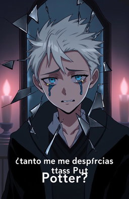 Anime style depiction of Draco Malfoy crying in front of a shattered mirror, with an expression of despair and frustration