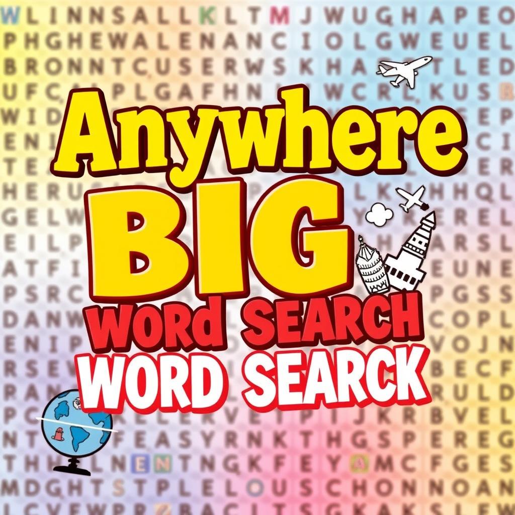 A dynamic and engaging book cover for a word search book titled 'Anywhere Big Word Search'