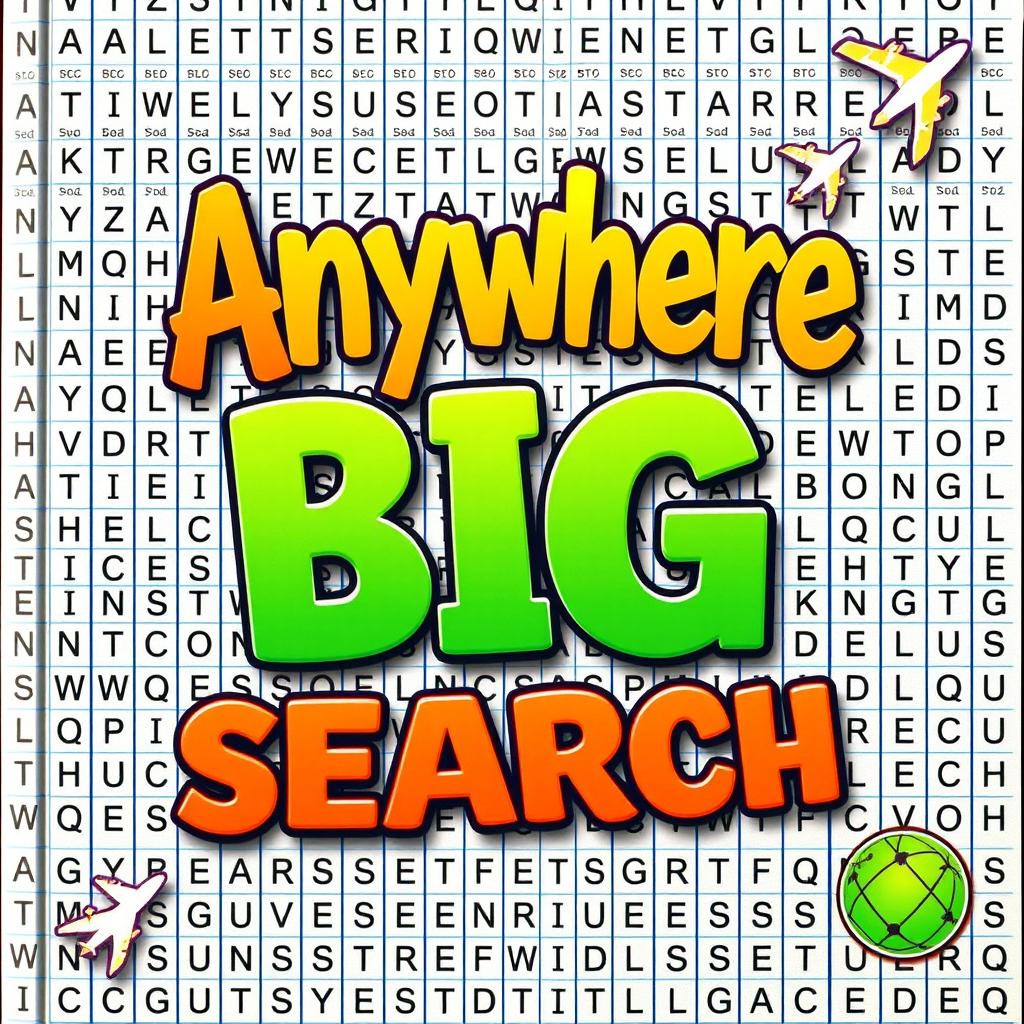 A vibrant book cover for a word search book titled 'Anywhere Big Word Search'