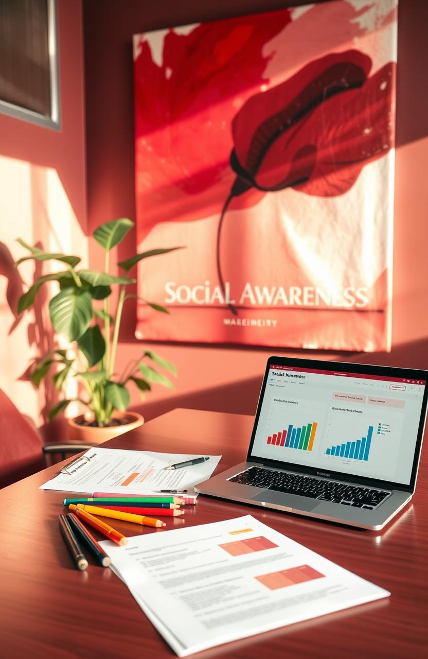 A psychological assessment scene showcasing social awareness, set against a maroon and red color palette