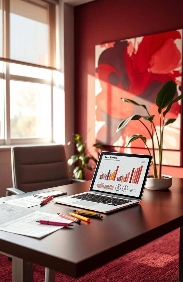 A psychological assessment scene showcasing social awareness, set against a maroon and red color palette